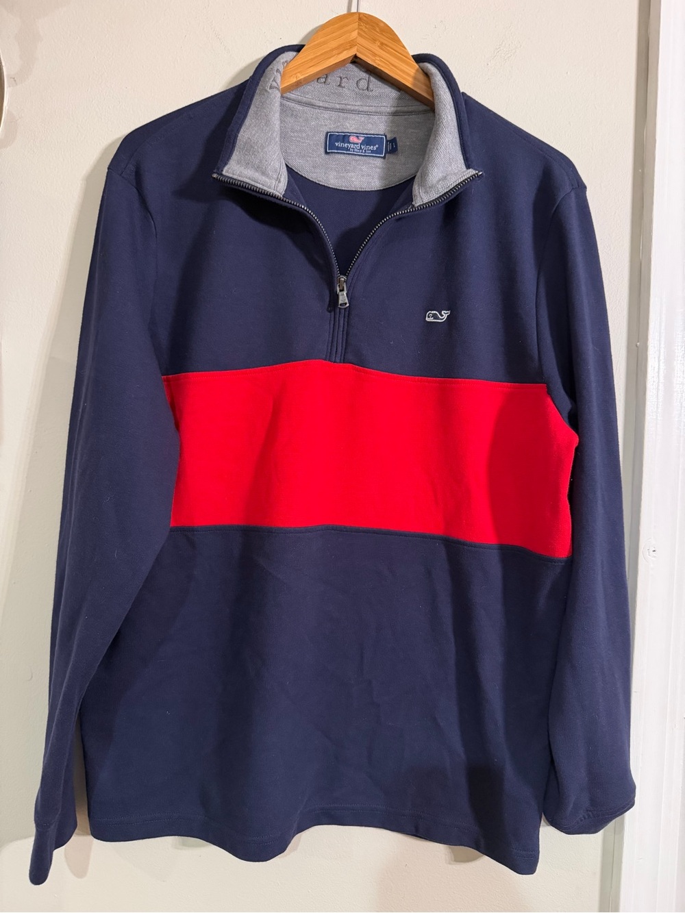 Vineyard Vines 1/4 zip Navy Pullover with Red Chest Band mock neck
